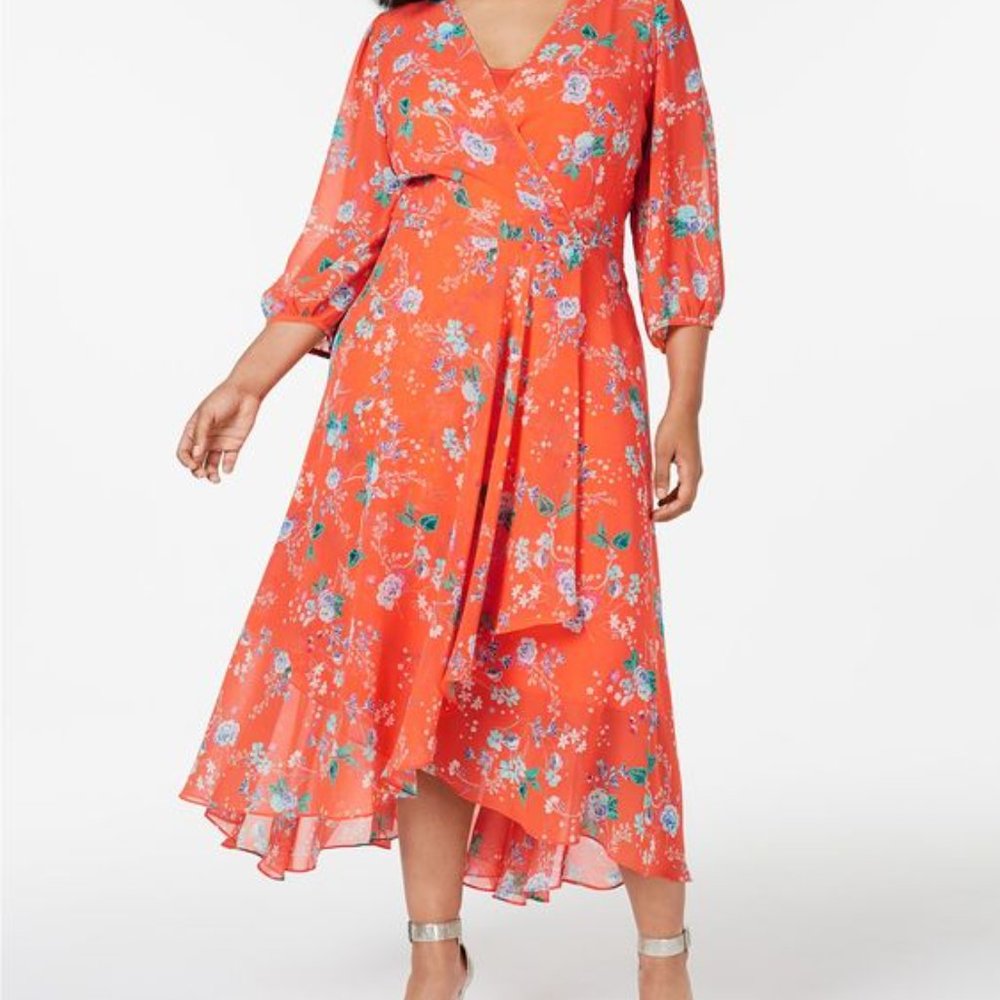 Calvin Klein  Floral Orange Faux-Wrap High-Low Maxi Dress size 2
